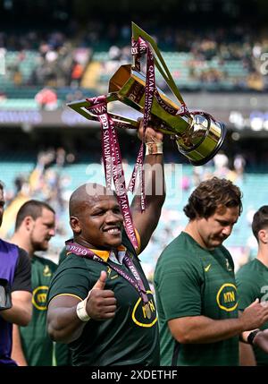 Twickenham, United Kingdom. 22nd June, 2024. South Africa V Wales. Twickenham Stadium. Twickenham . Bongi Mbonambi (South Africa) with the trophy during the South Africa V Wales, Qatar Airways Cup, rugby match. Credit: Sport In Pictures/Alamy Live News Stock Photo