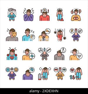 Psychological diseases line color icons set. Signs for web page, mobile app, button, logo. Vector isolated button. Editable stroke. Stock Vector