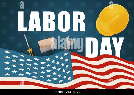 Horizontal poster, blue "Happy Labor Day" banner with American flag and construction Stock Vector