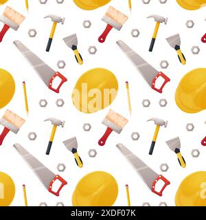 seamless pattern, labor day, building tools helmet, brush Stock Vector