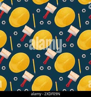 Seamless pattern, labor day, building tools helmet Stock Vector