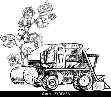 Cotton harvester. A black and white vector graphic illustration made by hand. A stylized composition of a modern cotton harvester used in agriculture Stock Vector