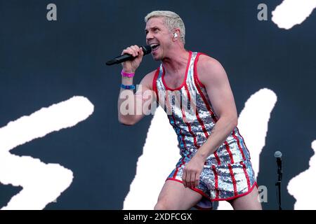 Newport, UK. 22nd June, 2024. American musician Jason Sellards, known professionality by stage name Jake Shears, best known as co-lead singer with the Scissor Sisters, performing live on stage at the Isle of Wight festival. (Photo by Dawn Fletcher-Park/SOPA Images/Sipa USA) Credit: Sipa USA/Alamy Live News Stock Photo