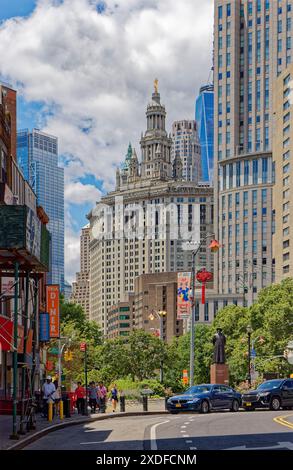 David N. Dinkins Manhattan Municipal Building, a Beaux Arts landmark in NYC’s Civic Center, viewed from Chinatown. Stock Photo