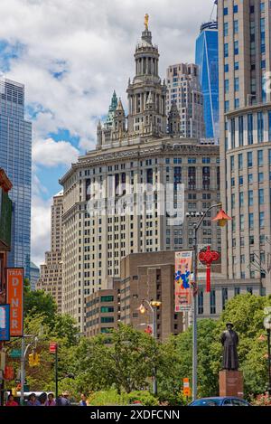 David N. Dinkins Manhattan Municipal Building, a Beaux Arts landmark in NYC’s Civic Center, viewed from Chinatown. Stock Photo