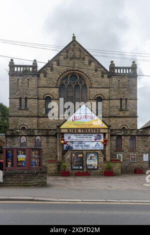 Kirk Theatre in Pickering town, North Yorkshire, England, UK with posters advertising upcoming shows including Oklahoma the musical Stock Photo