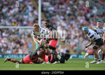 Twickenham, London, UK. 22nd June 2024. David Ribbans of Barbarians is tackled during the Killick Cup match between Barbarians and Fiji at Twickenham Stadium, Twickenham, United Kingdom on 22 June 2024. Photo by Phil Hutchinson. Editorial use only, license required for commercial use. No use in betting, games or a single club/league/player publications. Credit: UK Sports Pics Ltd/Alamy Live News Stock Photo