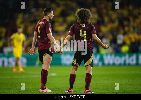 Cologne, Germany. 22nd June, 2024. Cologne, Germany, June 22nd 2024 COLOGNE, GERMANY - JUNE 22: Wout Faes of Belgium and Jan Vertonghen of Belgium in discussion during the UEFA Euro 2024 Championship Group E match between Belgium and Romania at Cologne Stadium on June 22, 2024 in Cologne, Germany. (Photo by Dan O' Connor/ATPImages) Dan O' Connor (Dan O' Connor/ATP Images/SPP) Credit: SPP Sport Press Photo. /Alamy Live News Stock Photo