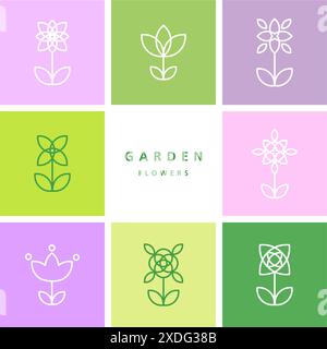 Garden Flowers - set of flowers - decorative design line element Stock Vector