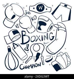 Boxing drawing vector icons. Hand drawn Boxing sports scribbles illustrations. Boxing doodles vector Stock Vector