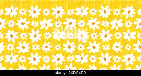Vector yellow big and small rows of fun daisy flowers horizontal border pattern with canvas background. Suitable for cards and posters. Stock Vector