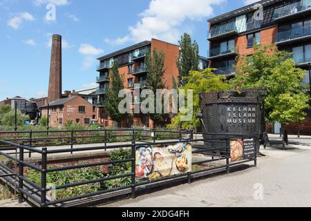 Kelham Island Apartments in Sheffield England UK Inner city housing development urban regeneration redevelopment, preserved industrial chimney Stock Photo