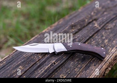 Pocket folding knife with wooden handle laid on a fallen tree in nature. Stock Photo