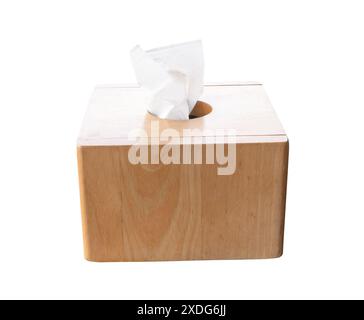 Brown wooden tissue paper box is isolated on white background with clipping path. Stock Photo