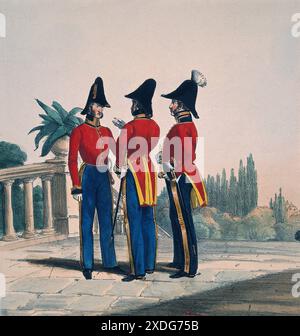 A colored lithograph depicting three German army officers in full uniform engaged in conversation on a balcony in Holstein, circa 1870. The officers are standing in a relaxed posture, suggesting a moment of camaraderie between colleagues. Stock Photo