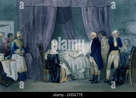 A colored engraving depicting the final moments of George Washington, the first President of the United States, on his deathbed. Created in 1799 by J. Rodgers after Chapin, the image shows Washington in bed, surrounded by family and friends, including his wife Martha. It captures the somber atmosphere of the event, with several figures visibly distraught. Stock Photo