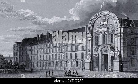 A detailed line engraving depicts the Hôtel des Invalides in Paris, 1831. The imposing facade of the building is prominently featured, with several soldiers standing in the foreground. The engraving captures the architectural grandeur of the building and the daily life of the soldiers who resided there. Stock Photo