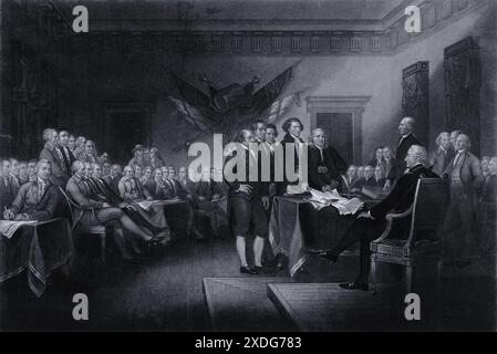 A mezzotint by H.S. Sadd after John Trumbulls famous painting depicts the signing of the Declaration of Independence in Philadelphia on July 4, 1776. The image captures the momentous event, showing the Founding Fathers gathered around a table, with John Hancock prominently seated in the foreground. Stock Photo