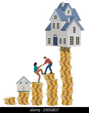 Moving on up to a bigger and better house costs money and this 3-d illustration shows stacks of coins needed to buy a bigger house. Stock Photo