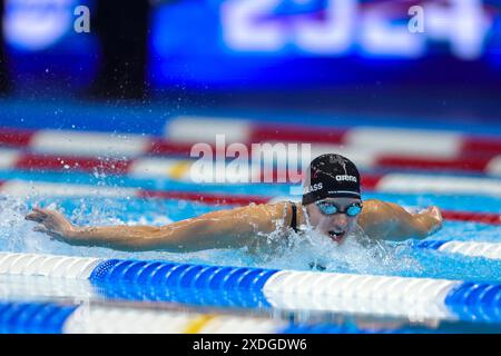 June 22, 2024, Indianapolis, Indiana, USA: KATE DOUGLAS (NYAC-MR) swims the butterfly leg of the womenâ€™s 200 meter individual medley during the finals at the USA Swimming Olympic Team Trials at Lucas Oil Stadium. (Credit Image: © Scott Rausenberger/ZUMA Press Wire) EDITORIAL USAGE ONLY! Not for Commercial USAGE! Stock Photo