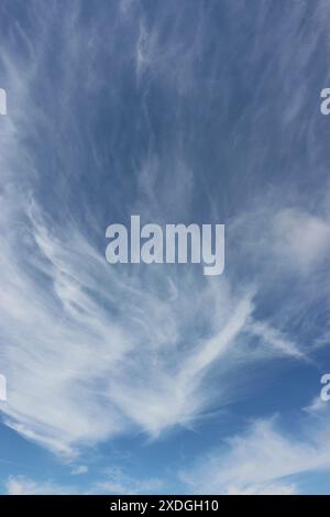 Blue sky with dramatic, white, wispy clouds.  Image was taken on a clear summer day at Elkhorn Slough, a nature preserve in Moss Landing, CA. Stock Photo