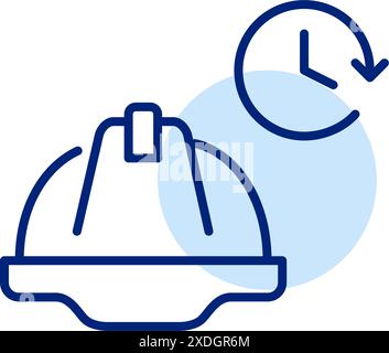 Hard hat and clock. Web development timeline and schedule. Planned works, express construction. Working hours. Pixel perfect, editable stroke icon Stock Vector