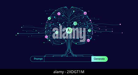 Illustration of abstract stream information. Generate image, video from prompt concept. Big data, technology, AI, data transfer, data flow, generative Stock Vector