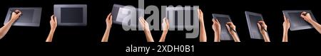Set of hand holding graphic tablet for illustrators and designers on black Stock Photo