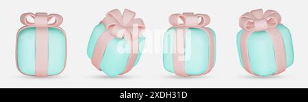 3d gift boxes set with pink ribbon bow isolated on a white background. 3d render flying modern holiday closed surprise box. Realistic vector icon for Stock Vector