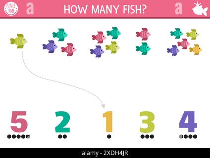 Simple match the numbers mermaid game with colored fish. Fairytale ocean kingdom math activity for preschool kids. Marine educational counting workshe Stock Vector