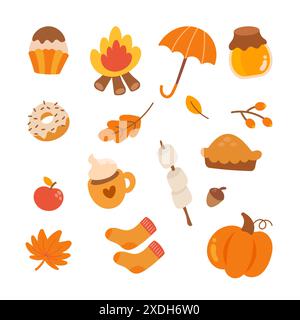 Hello autumn vector illustration collection. Autumn object elements cartoon hand drawn Stock Vector