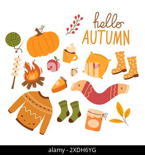 Hello autumn vector illustration collection. Autumn object elements cartoon hand drawn Stock Vector