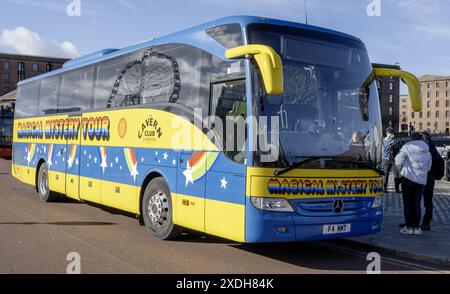 Magical Mystery Tour Coach operating in Liverpool for tourists and visitors, Liverpool, Merseyside, England, UK Stock Photo