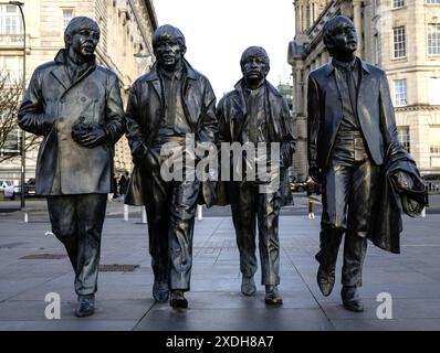The Beatles statue, Pier Head, Liverpool, Merseyside, England, UK Stock Photo