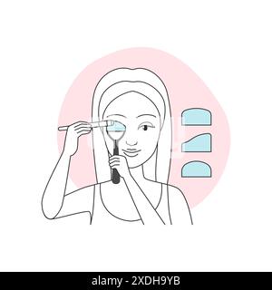 Female character using stencil to apply eye shadow line icon vector illustration Stock Vector