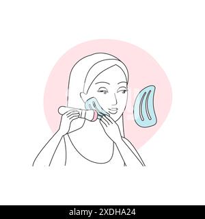 Model using brush and stencil to do face contouring and makeup line icon vector illustration Stock Vector