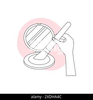 Hand with makeup brush using compact powder, eye shadow or blush from open pack line icon vector illustration Stock Vector