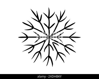 Black silhouette of a snowflake isolated on a white background. Concept of winter, Christmas, minimalist style, seasonal icon. Print, icon, design ele Stock Vector