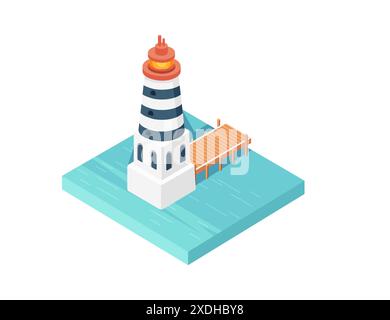 Three-dimensional isometric view of the lighthouse. Classic retro marine tower design, vector illustration isolated on a white background. Stock Vector