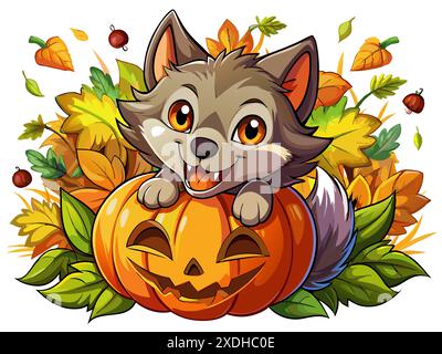 Cute wolf pup in a Halloween-themed setting with carved pumpkins and autumn leaves. Concept of festive animal art, seasonal illustration, and holiday Stock Vector