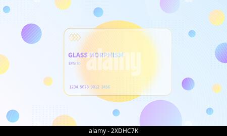 Glass morphism effect. Transparent frosted acrylic bank cards. Orange yellow gradient circles on white blue background. Realistic glassmorphism matte Stock Vector