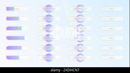 Glass morphism effect. Set of transparent frosted acrylic buttons and loading bars. Blue gradient circles on white background. Realistic glassmorphism Stock Vector