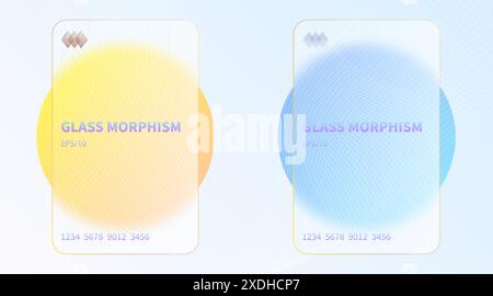 Glass morphism effect. Transparent frosted acrylic bank cards. Orange yellow gradient circles on white blue background. Realistic glassmorphism matte Stock Vector