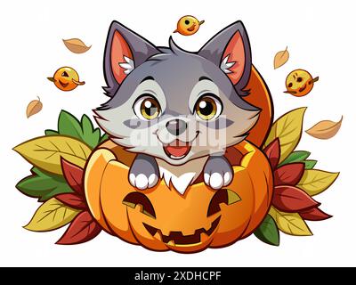 Cute wolf pup in a Halloween-themed setting with carved pumpkins and autumn leaves. Concept of festive animal art, seasonal illustration, and holiday Stock Vector