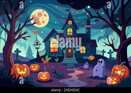 Haunted house with jack-o-lanterns under a full moon in a spooky graveyard. Concept of Halloween, holiday celebration, spooky night, eerie scene, fest Stock Vector