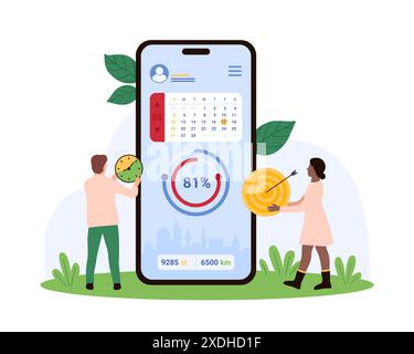 Fitness mobile app, planner of sport training. Tiny people holding target and clock to monitor workout progress, calendar and tracker of exercises on smartphone screen cartoon vector illustration Stock Vector