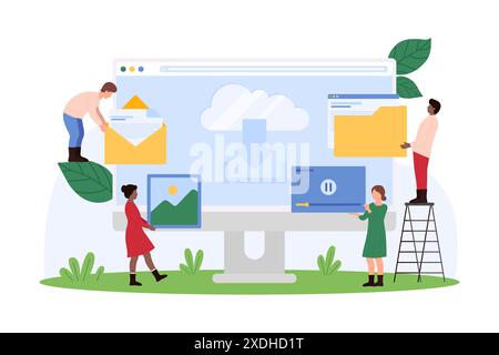Access to cloud service, database. Tiny people holding icons of multimedia files, document in folder and email to connect and upload to cloud storage on computer screen cartoon vector illustration Stock Vector