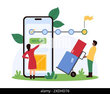 Delivery order steps, online timeline for customers in mobile app. Tiny people deliver parcel boxes, check info of delivery status on infographic chart on smartphone screen cartoon vector illustration Stock Vector