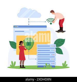Secure data storage, transfer and sharing with cloud service, cyber security and firewall, backup protection. Tiny people holding shield to protect digital information cartoon vector illustration Stock Vector
