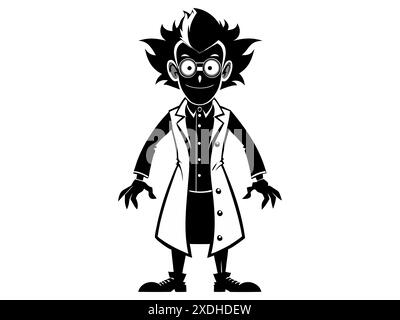 Black silhouette of eccentric mad scientist isolated on white background. Concept of crazy professor, mad genius, minimalist character, Halloween. Pri Stock Vector